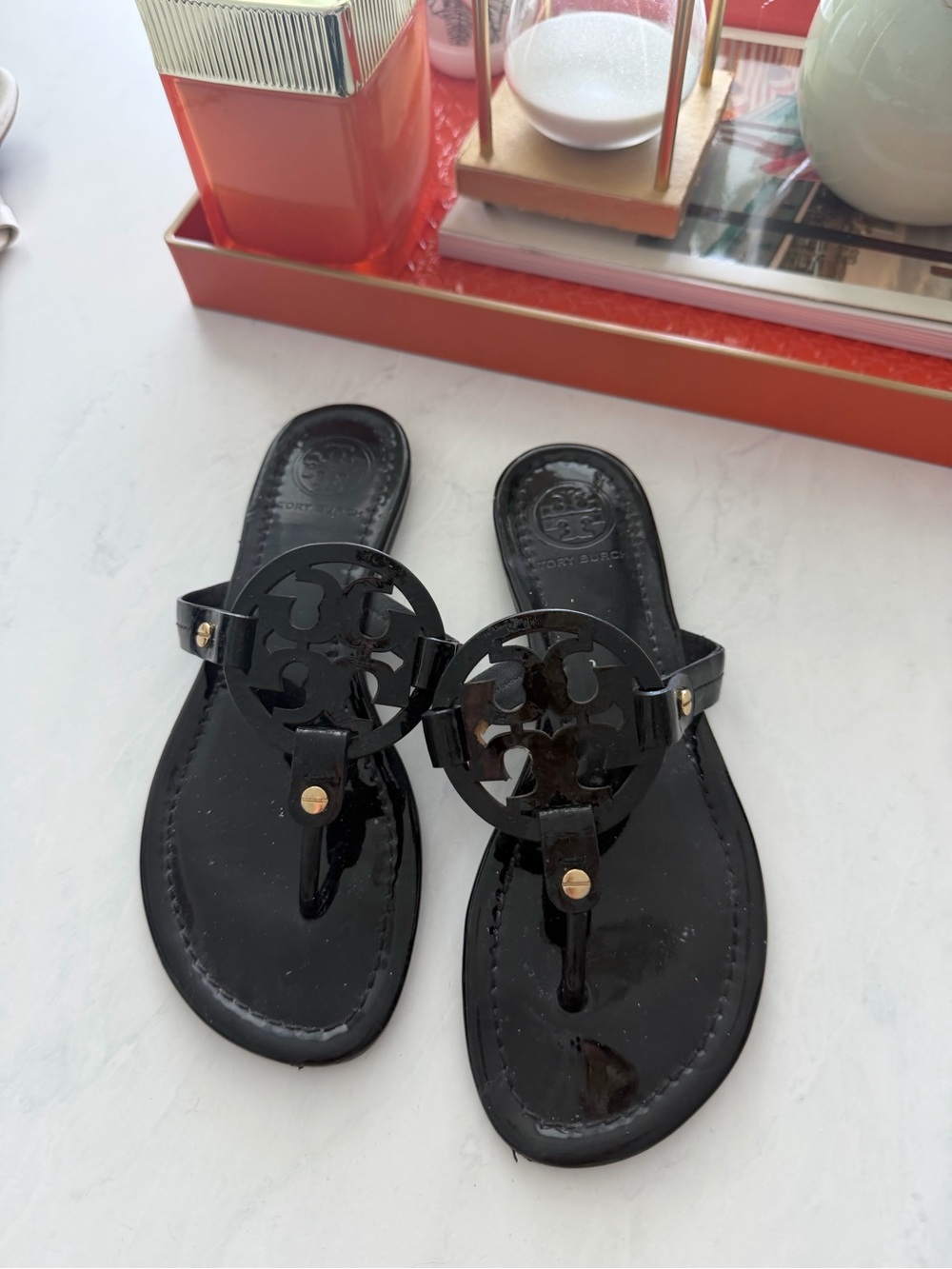 Tory Burch Black Patent Miller Thong Sandals